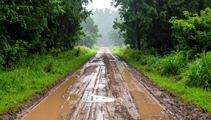 Obraz premium Wet Muddy Road Surrounded by Lush Green Forest in Rainy Weather