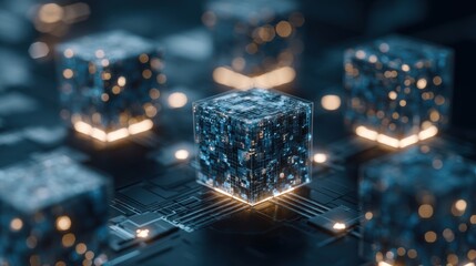 Digital cubes with glowing circuits, symbolizing blockchain technology and data networks in a futuristic setting.