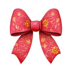 Red bow with yellow flower pattern and delicate swirling design, elegant and festive decoration for gifts or crafts