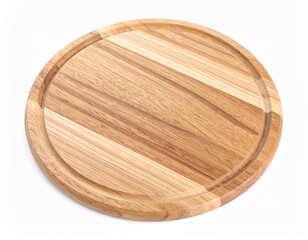 Round wooden cutting board with carved rim showing light and dark wood grain pattern against white