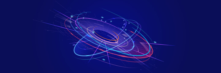 Circular fantasy background. Abstract glowing circular rays of light on blue background with digital elements. For technology presentations, AI concepts, and digital network interfaces.