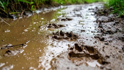 Fototapeta premium Animal Tracks in Muddy Pathway Surrounded by Greenery