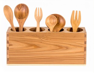 Wooden utensil holder with spoons and forks inside, featuring natural wood grain texture