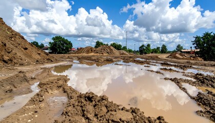 Construction Site with Mud Puddles and Clouds Under Blue Sky