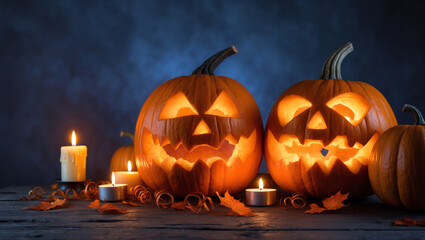 Fototapeta premium Glowing Halloween Pumpkins on a Wooden Surface with Autumn Leaves 