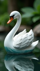 Obraz premium Elegant white swan figurine reflecting on calm water in natural setting.