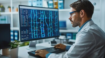 Male scientist analyzing DNA sequences on a computer.