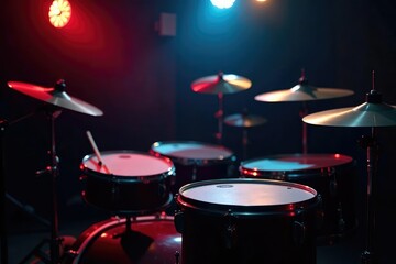 Obraz premium Bass drum, cymbals, drum sticks, dimly lit room, drum kit, music