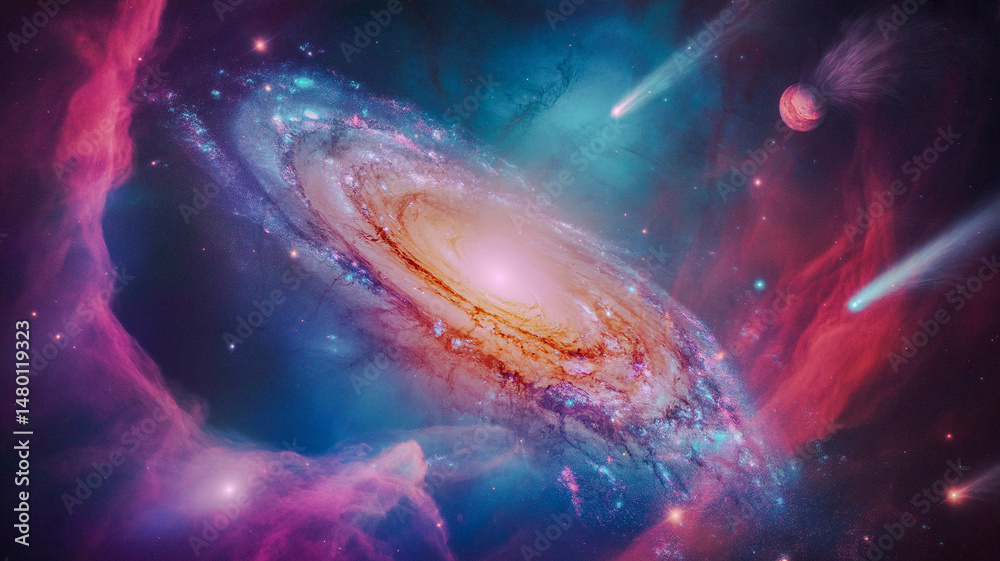 Wall mural antic multicolored outer space with stars comet galaxies planets and nebulae