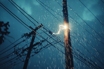 Lightning strikes power lines during a stormy night rain electricity power surge