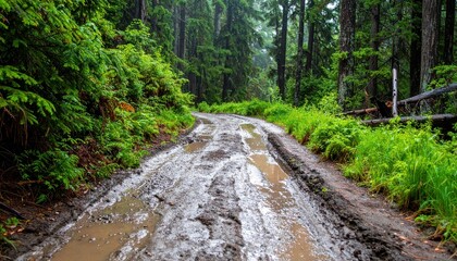 Naklejka premium Scenic Muddy Road Through Lush Green Forest with Misty Vibes
