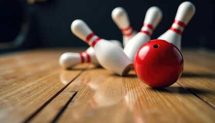 Close-up of bowling pins scattered after a strike, showing wood grain and damage , sport, leisure, sporting goods