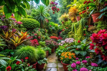 Lush Green Garden: Diverse Plants & Vibrant Foliage - Stock Photo