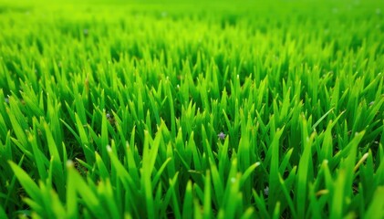 Obraz premium Close-up of freshly cut green grass, showing the neat lines of a lawnmower's path , rural, pattern