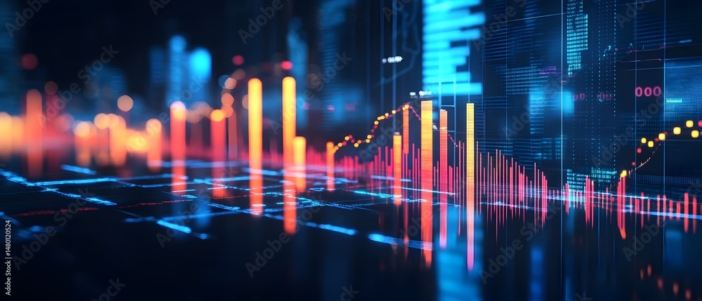Poster a computer generated image of a city skyline with a series of lines and numbers