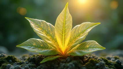 Ethereal Plant Forms with Translucent Leaves Revealing Complex Internal Structures Glowing with Golden Light Representing Vitamin Enrichment