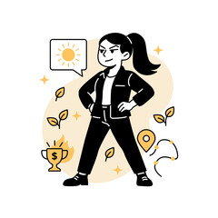 Vector illustration of a confident woman supervising a solar energy project, symbolizing leadership in clean power development for sustainable economic growth and environmental impact.