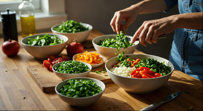 Chopping fresh vegetables in a sunlit kitchen filled with vibrant colors and inviting aromas during a lively cooking session