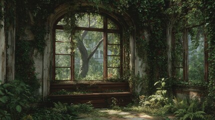 Broken Window Framed by Creeping Ivy and Lush Greenery in Nature