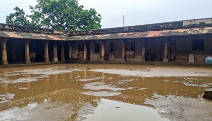 Flooded Courtyard of an Abandoned Heritage Building After Rain