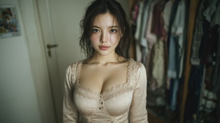Fototapeta premium Young woman in elegant dress standing in softly lit room surrounded by clothing reflecting cosiness