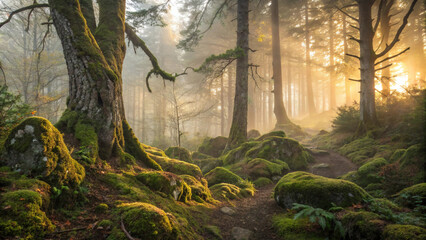 Obraz premium misty forest landscape with mossy trees and trail, sunrise, for background or background texture, nature scene
