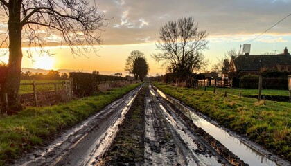 Fototapeta premium Serene Country Path with Muddy Tracks Beneath Golden Sunset Sky