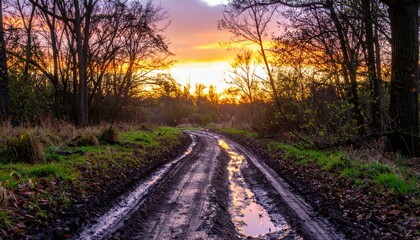 Serene Sunset Over Muddy Country Road Surrounded by Trees