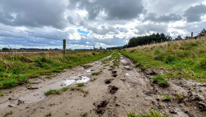 Muddy Footpath Through Meadow Under Dramatic Cloudy Sky
