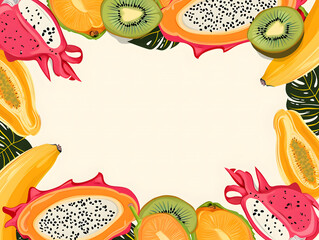 Hand-drawn tropical fruits with blank center on light background