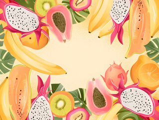 Colorful tropical fruit illustration border with copy space