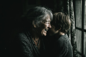 Older woman and young boy gazing out window.