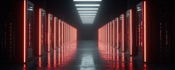 Naklejka premium A futuristic data center corridor with rows of illuminated server racks glowing red under bright ceiling lights.