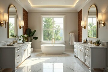 Fototapeta premium Luxurious vanity bathroom with freestanding soaking tub, marble countertops, and elegant fixtures , spa, bathtub, freestanding tub