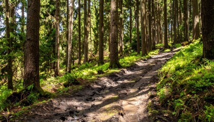 Obraz premium Serene Forest Path with Sunlight and Lush Greenery in Spring