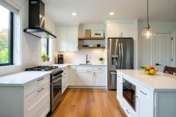 Fototapeta premium Modern kitchen renovation showcasing sleek cabinets, quartz countertops, and stainless steel appliances , open plan, interior design, home renovation