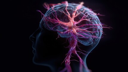 A glowing brain with neural networks and synapses visualized inside a human head silhouette on a dark background.