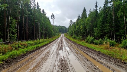 Fototapeta premium Muddy Road through Dense Forest with Trees and Overcast Sky
