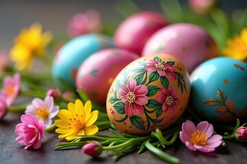 Close-up of intricately decorated Easter eggs, vibrant colors, spring flowers , design, pattern, holy week