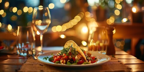 Neon lights at the rear of a cosy bistro with a scrumptious Mexican burrito and fresh vegetables toppings, Generative AI.