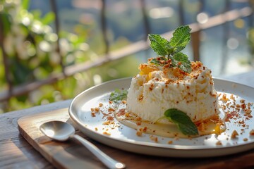 A serving plate with ricotta cheese and freshly cut mint branches and a spoon over a hazy setting exudes elegance, Generative AI.