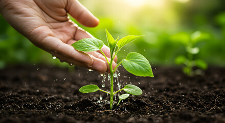 Hand Watering Young Plant Sprouting from Soil