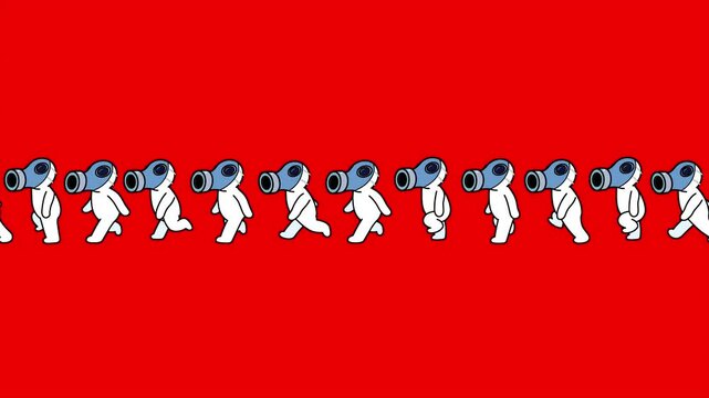 Group of stickmen ordinary people walking with gas masks redbox. Happy cartoon people seamless loop on red screen background.
