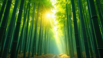 Serene bamboo forest, sunlight filtering through tall stalks , summer, plants, branches