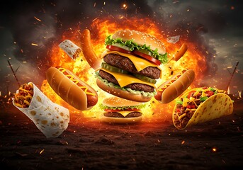 An explosive food fight showcases burgers, hot dogs, tacos, and burritos in mid-air chaos.