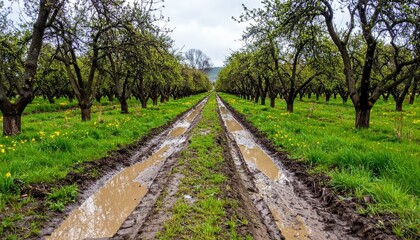 Fototapeta premium Tranquil Orchard Pathway Surrounded by Lush Green Trees