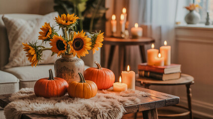 Autumn cozy home interior with cd pumpkins and flowers with selective nidus 