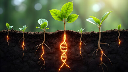 Cross-Section of Soil Showing Plant Roots Transforming into DNA Helixes with Glowing Genetic Sequences Interacting with Beneficial Soil Microorganisms