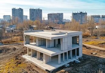 Concrete Frame of an Unfinished Building with Urban Background