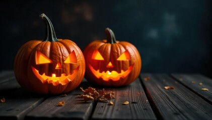 Fototapeta premium Spooky carved Halloween pumpkins on a rustic wooden surface, glowing with candlelight , october, fall